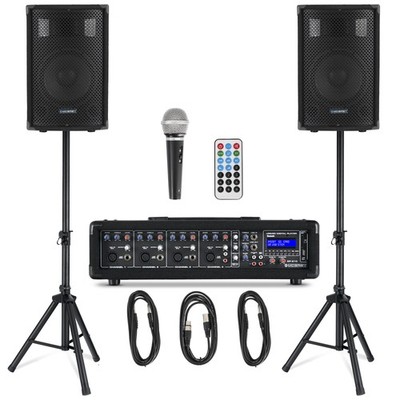 Druckvolle PA-Anlage mit 4-Kanal Powermischer, Bluetooth, MP3-Player und Zubehör
