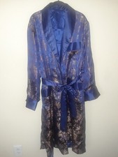 Vintage Men's Blue Satin Asian Smoking Jacket Belted Robe One Size