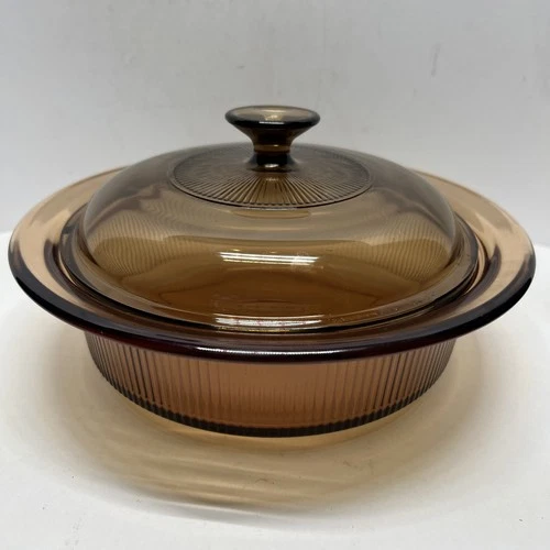 Vintage Corning Ware Vision Amber Ribbed Casserole 1.5 Qt  V-32-B & Pyrex Lid