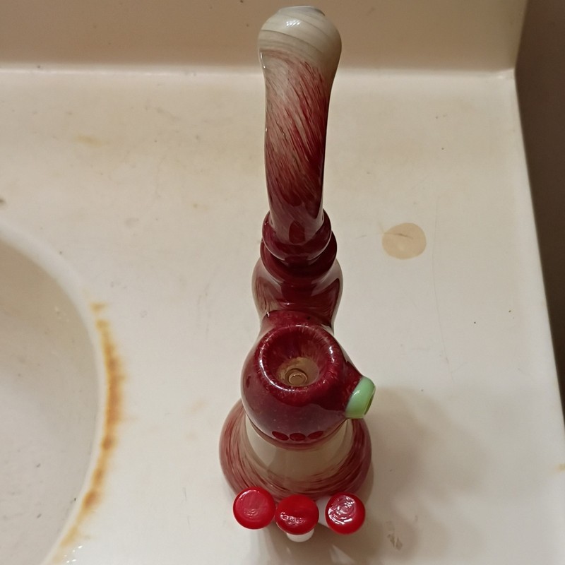 Red & White Swirl Glass Tobacco Hand Pipe w/ Mushroom Accents