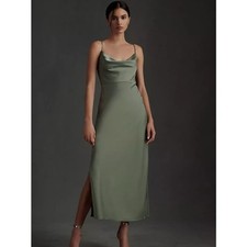 BHLDN Cali Satin Cowl-Neck Midi Slip Dress in Green Women’s Size 6 Anthropologie