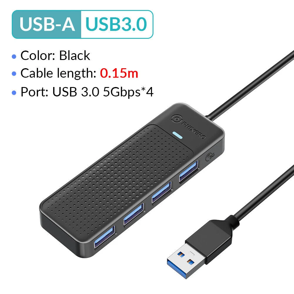 4-Port USB 3.0 Hub with 5Gbps Speed & 0.5ft/3.3ft Cable