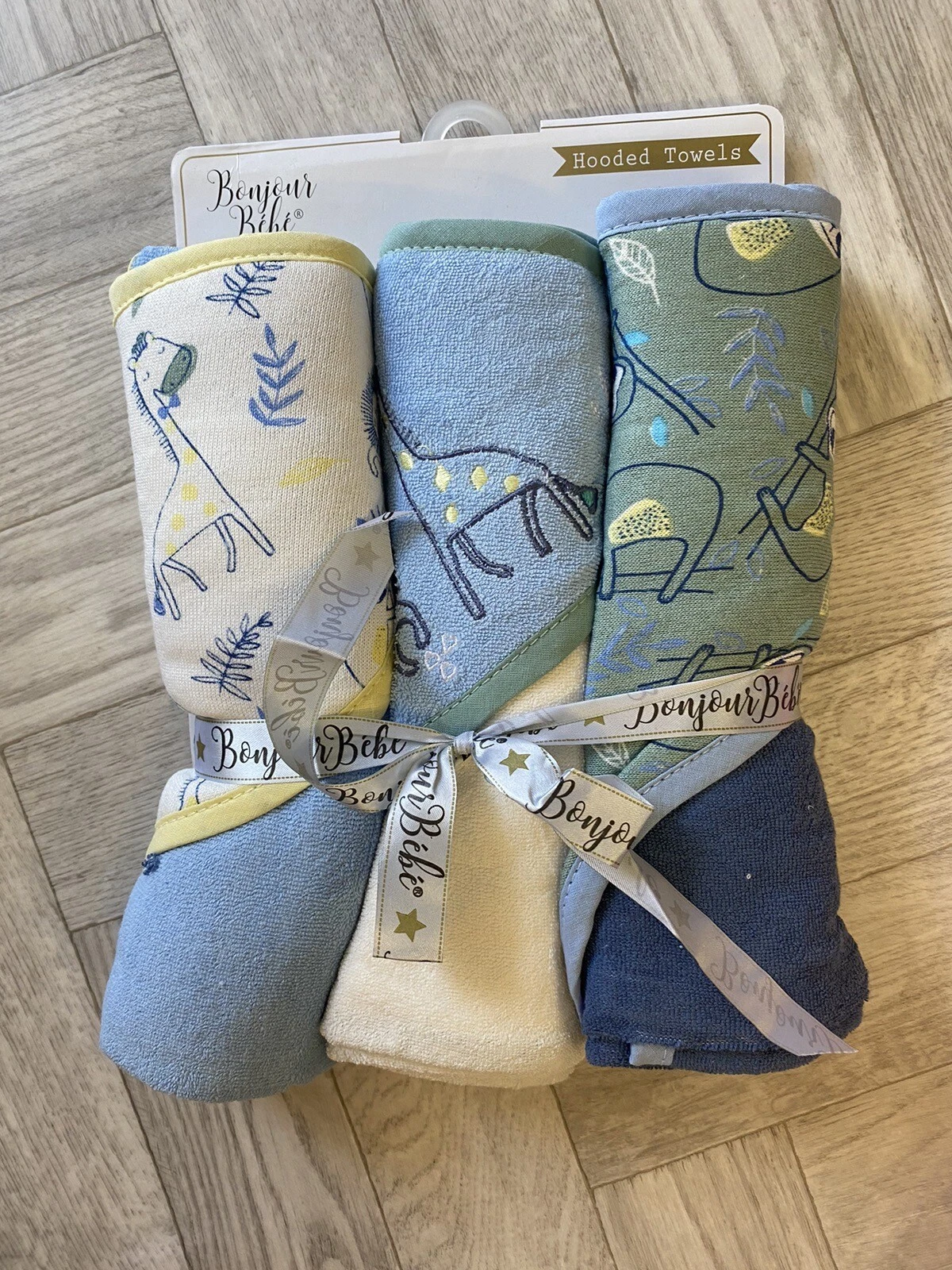 3 Pack Baby Boys Blue Hooded Terry Towels Bonjour Bebe Gift Set / Baby Shower