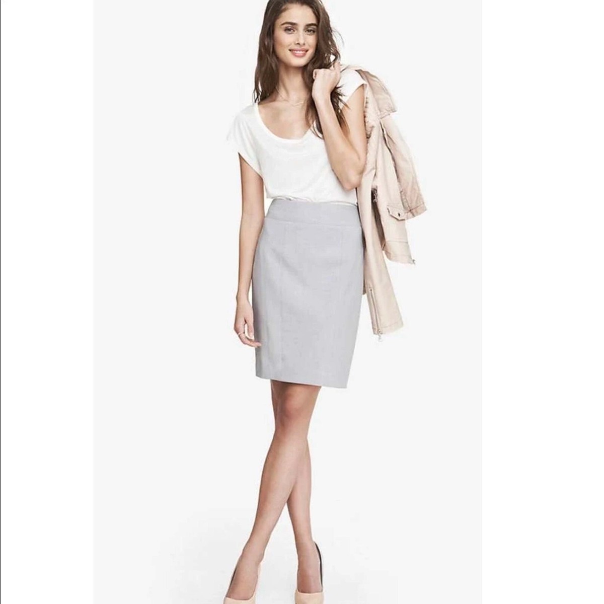 Express Women Studio Stretch Natural Waist Pencil Skirt Light Gray Small