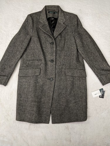LRL Ralph Lauren Women 16 Gray Herringbone Overcoat Jacket Trench Wool Blend NWT