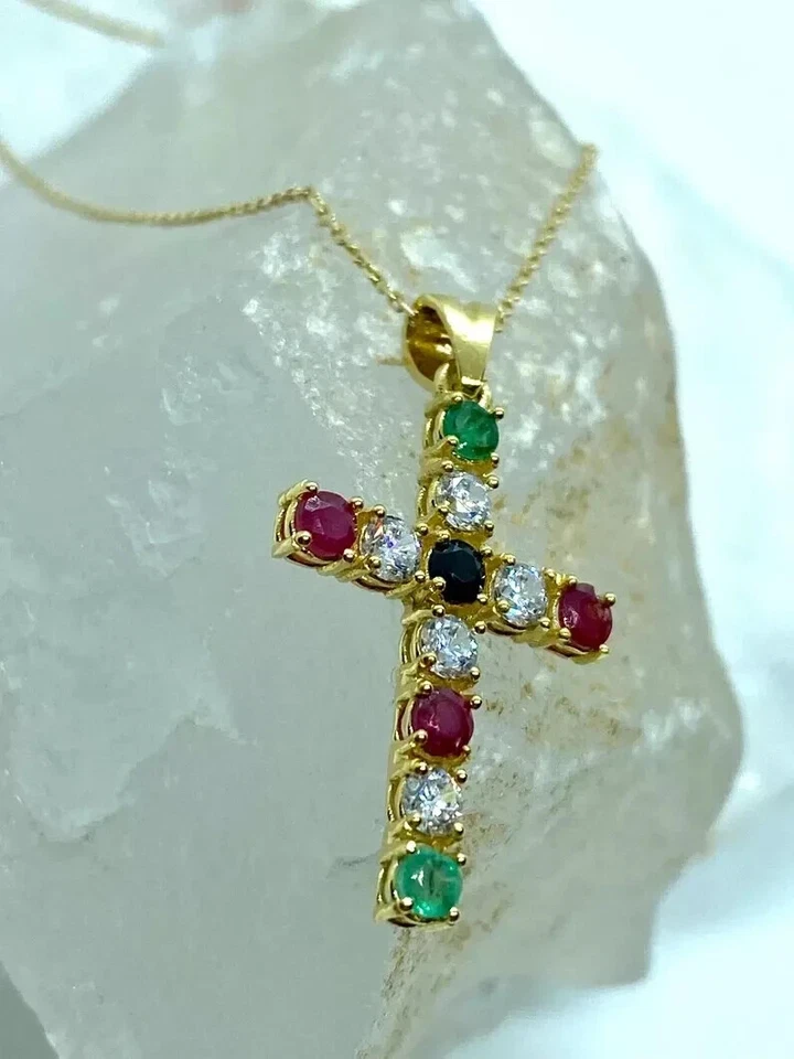 14K Yellow Gold Plated 2 Ct Round Cut Lab Created Diamond Cross Women's Pendant - Image 3 of 4