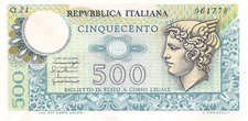 Italy  500  Lira  20.12.1976  P 95  Series  Q 21  Circulated Banknote MPCH