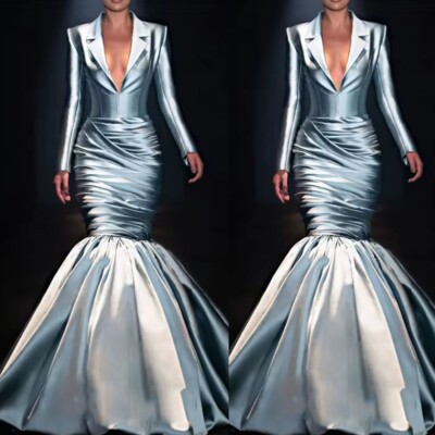 Silver Grey Satin Wedding Dresses Customized Fit and Flare Taffeta Notched Lapel