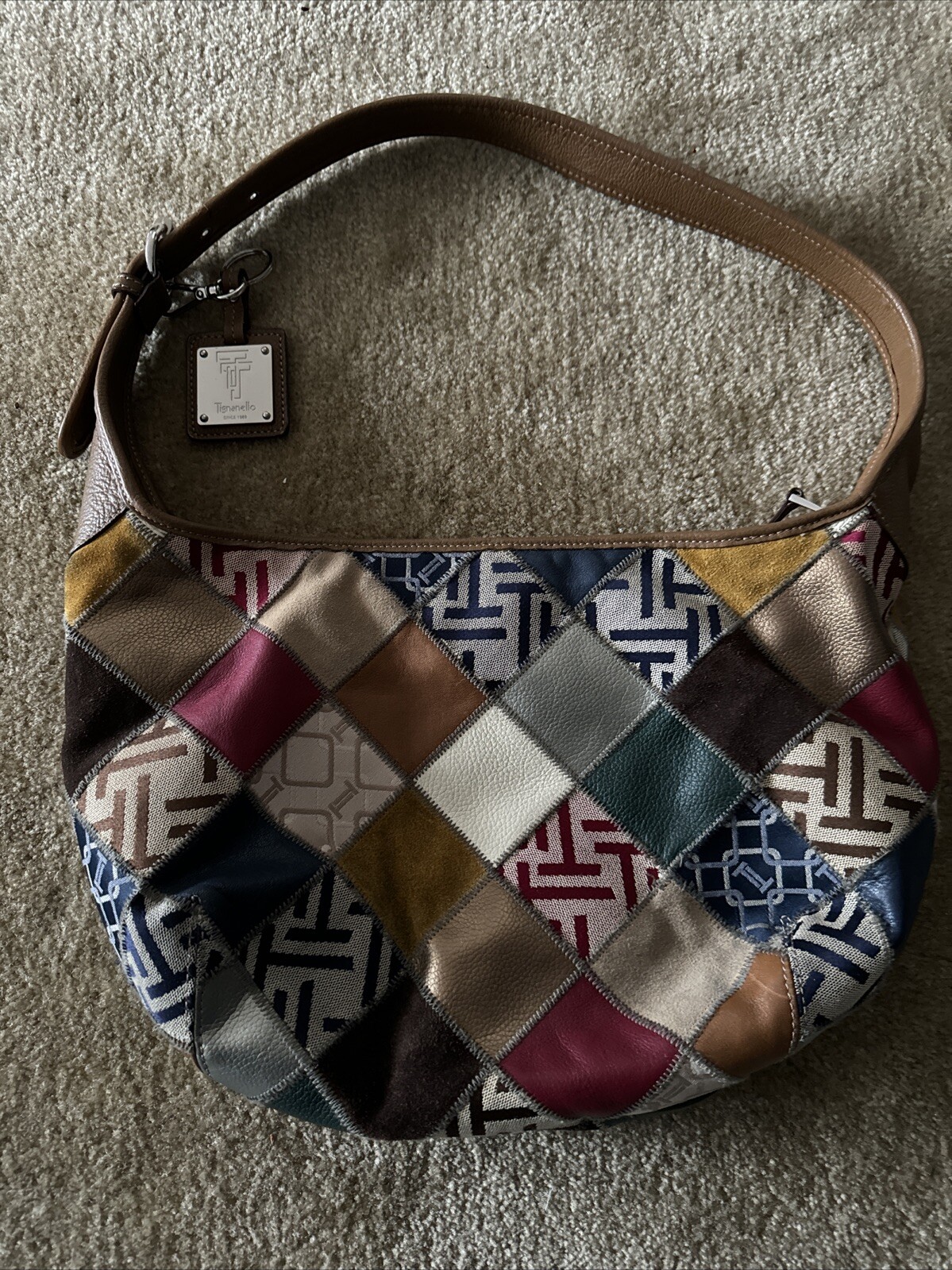 Tignanello Patchwork Crescent Mixed Media Suede L… - image 1