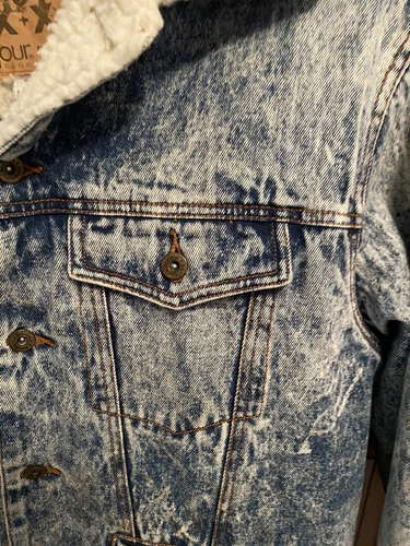 VTG 80's Bon Jour Mens Acid Wash Denim Sherpa Lined Jean Jacket Sz L Frayed image 2