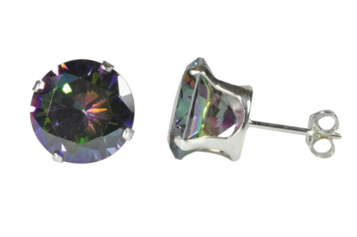 Sterling Silver Round Mystic Topaz Cubic Zirconia Stud Earrings Prong AAA CZ - Picture 1 of 2