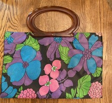 Vintage 60s Satin Foldable Tote Lucite Handle Retro Floral Purse Converts Clutch