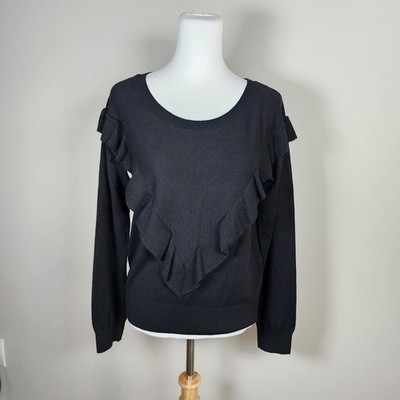 Gap Merino Wool Blend Sweater Womens Medium Ruffle Knit Old Money Classic Black