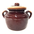 McCoy Brown Drip Glaze Bean Pot Crock w Lid Double Handle USA Vintage