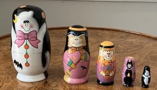 Nesting Dolls Halloween Decor Hand-painted Wooden Dolls Set of 5 Cat Witch Wood