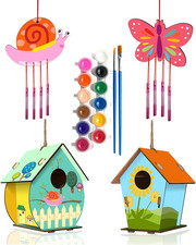 4 Pack DIY Bird House Wind Chime Kits for Children to Build and Paint, Wooden Ar