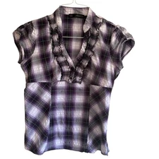 Y2K Women Purple Plaid Ruffle Blouse Cap Sleeve Empire Waist Country Cottagecore