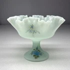 Fenton Satin Glass Compote Hand Painted Blue Rosebuds Laura Long Vintage Pedesta