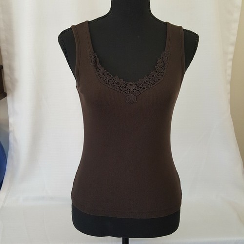 Women's Ralph Lauren Tank Top Solid Brown Petite Medium Lace V-Neck Cotton EUC - Picture 2 of 10