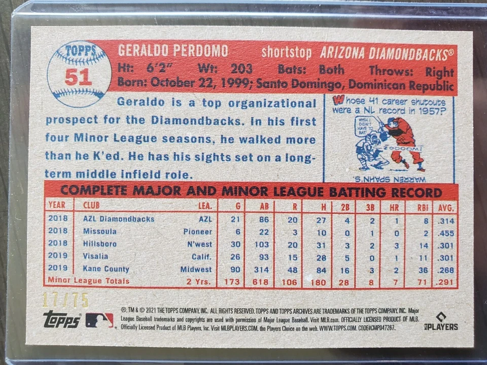 2021 Topps Archives Geraldo Perdomo Red Parallel SP #/75 RC Diamondbacks - Image 2 of 2