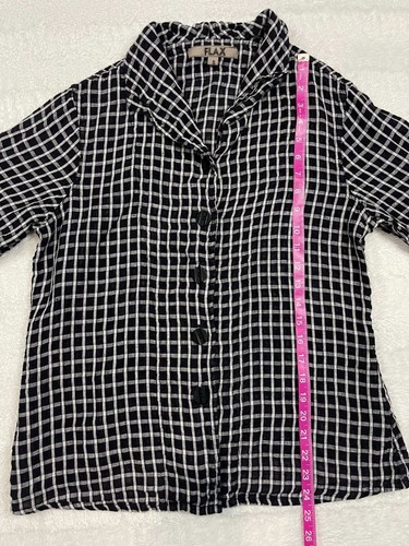 Flax Linen Long Sleeve Button Down Shirt Womens Small Plaid Black White - Picture 7 of 8