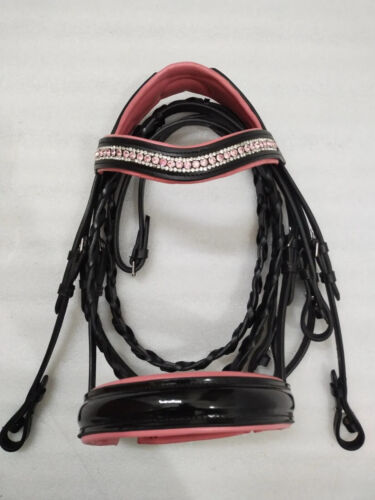 Leather Padded Comfort Bridle With Pink Color Stone & Padding Dressage Bridle.