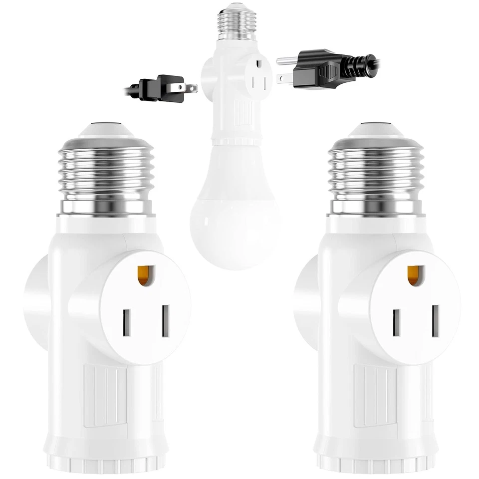 2Pcs E26 E27 Light Socket To Plug Adapter 2/3 Prong Outlet Light Bulb Plug - Image 2 of 4