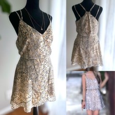 Lulu’s Tanis Metallic Dots Beige Print Chiffon Skater Strappy Dress M
