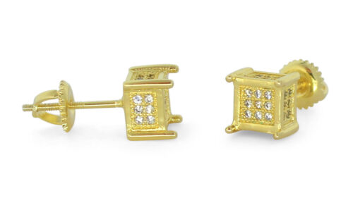 Mens Womens Cubed 6mm Studs 14k Gold Plated Cz Screw Back Earrings - Picture 1 of 4