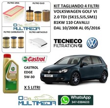 TAGLIANDO 4 FILTRI E OLIO CASTROL 5W30 VOLKSWAGEN GOLF 6 VI 2.0 TDI 81KW 110 CV