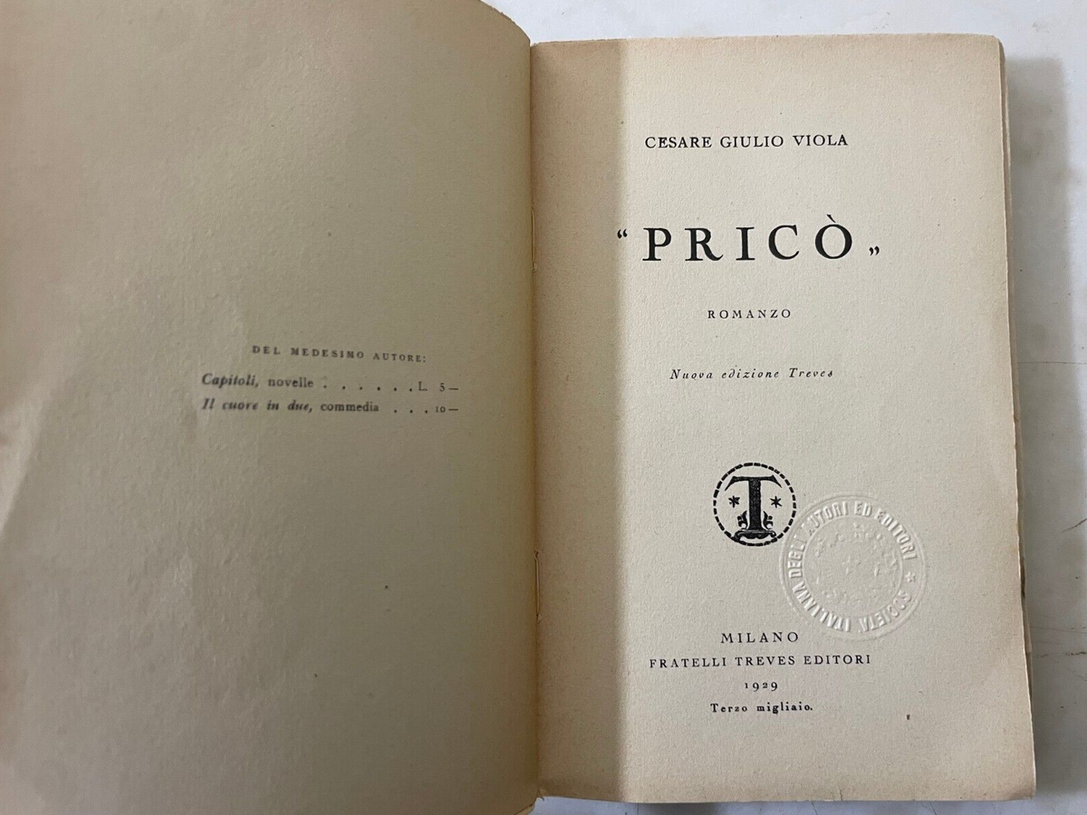 Libro Cesare Giulio Viola Pricò Romanzo Treves 1929