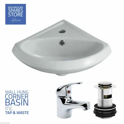Small Corner Wash Basin Bathroom Cloakroom Ceramic Compact Sink Inc Tap & Waste