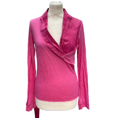 Brandneu mit Etikett Damen Mansharey fuchsia pink orly Lederbesatz schrullig Langarm Top M