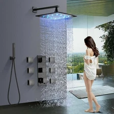 Black 16" LED Shower Faucet Set Rain Head Combo Massage Body Jets System w/Valve