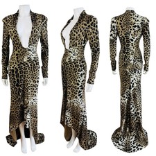 Vintage 2010 Roberto Cavalli Leopard Animal Print Low Cut Gown Dress Train