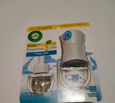 Air Wick Essential Scented Oils FRESH LINEN Plug In Refill & Bonus Warmer