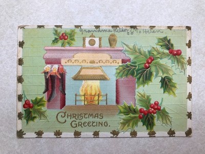 E700 Vintage Postcard Christmas Greeting Holly Fireplace Joplin Missouri MO