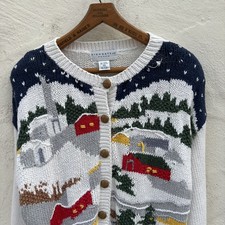 Vintage Ugly Christmas Cardigan 90s Embroidered Snow Village Sweater Size Medium