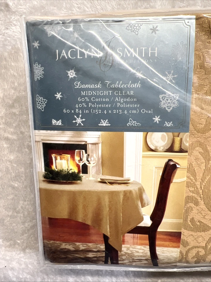Jaclyn Smith Gold Damask ~ Midnight Clear ~ Tablecloth ~ 60"x84" Oblong NOS - Image 3 of 4