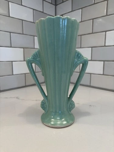 Vtg Brush McCoy USA Pottery Art Deco Light Mint Green Double Handle 7” Vase