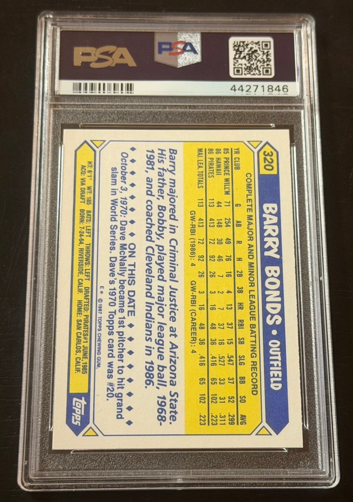 1987 TOPPS TIFFANY #320 BARRY BONDS PSA 8 ROOKIE RC CENTERED HOME RUN KING view 4