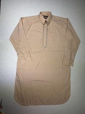 Mens Pakistani Kurta Beige Embroidered Cotton Tunic Long Sleeve M with pants