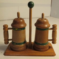 VOLCO Japan Vintage Wooden Beer Stein Mugs Salt & Pepper Shaker w/Stand Used Set