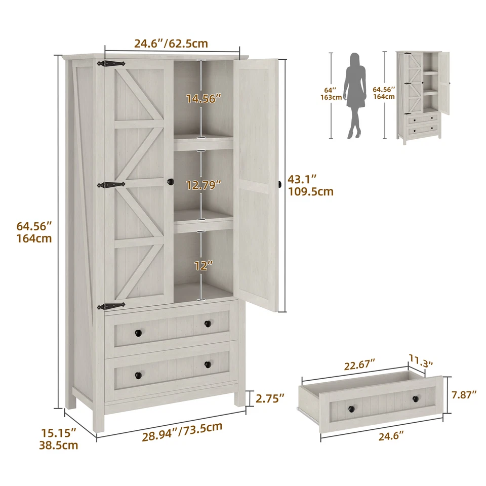 Armario de almacenamiento despensa de cocina de 64,5" de alto con 2 puertas de granero y 2 cajones Foto 3 de 4