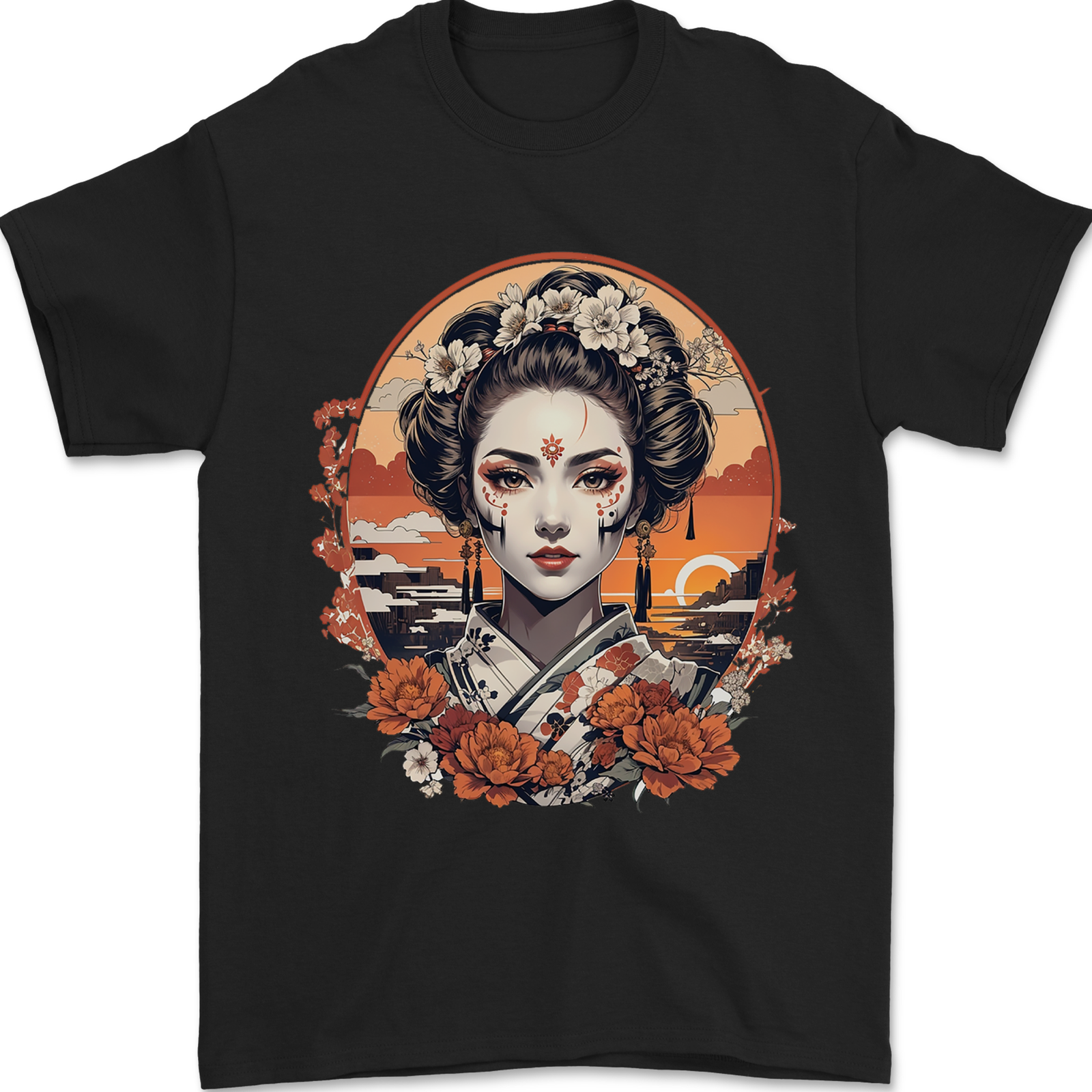 Geisha Girl With Flowers Mens T-Shirt 100% Cotton