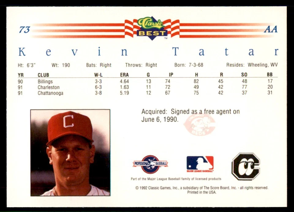 1992 Classic Best Kevin Tatar Baseball Cards #73 - Image 2 of 2