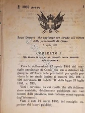 Decree Kingdom of Italy - Adds Three Roads to Como Provincial List - 1885