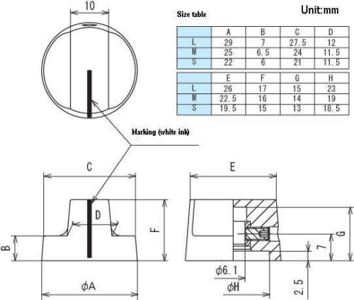 Sato Parts # K-90-M (Medium) 6.0mm Shaft, Bar Knob with Indicator Line - Picture 3 of 3