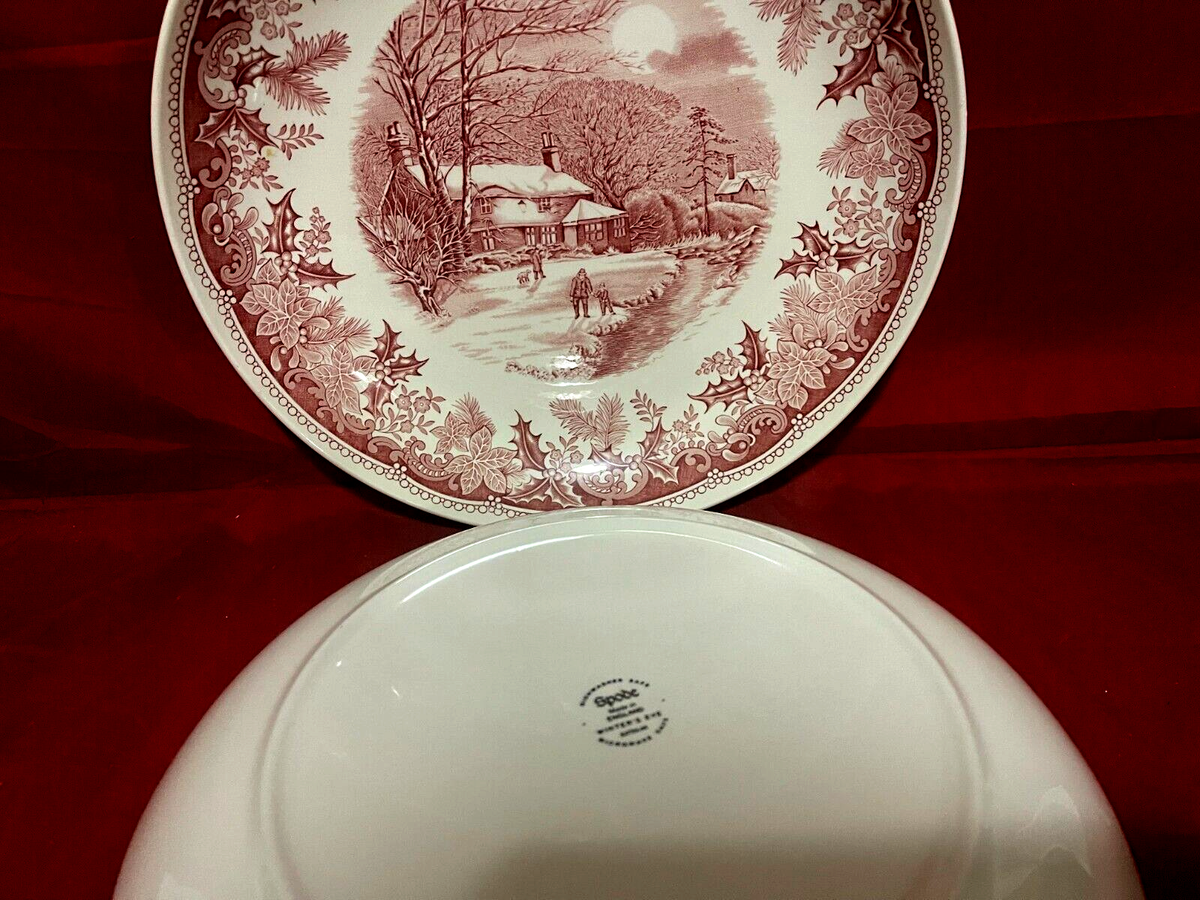 Spode Winter's Eve Cranberry Red & White Set Of 2 Round Serving