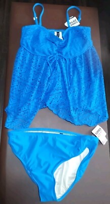 International Concepts Blue Fly Away Crochet Cut Out Tankini Set W 12 NWT